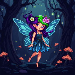 A captivating 8-bit pixel art representation of a fairy without wings set in a dark fantasy Dungeons & Dragons world