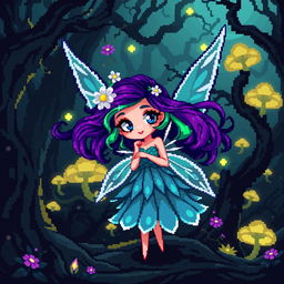 A captivating 8-bit pixel art representation of a fairy without wings set in a dark fantasy Dungeons & Dragons world