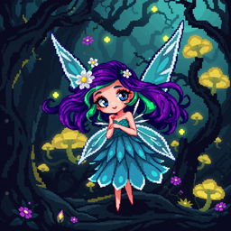 A captivating 8-bit pixel art representation of a fairy without wings set in a dark fantasy Dungeons & Dragons world