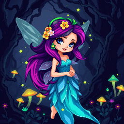 A captivating 8-bit pixel art representation of a fairy without wings set in a dark fantasy Dungeons & Dragons world