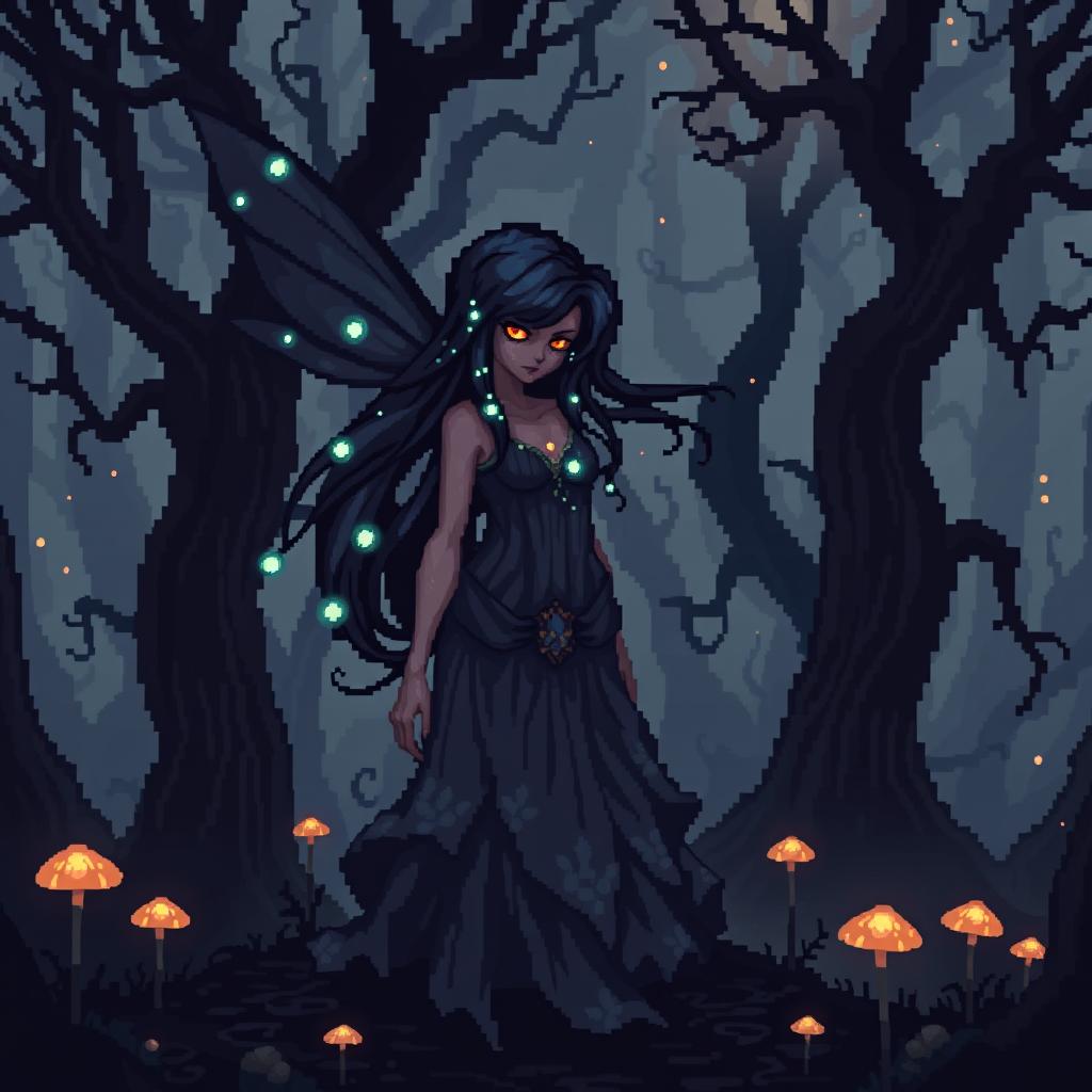 A striking 8-bit pixel art representation of a dark fairy without wings, set in a dark fantasy Dungeons & Dragons realm