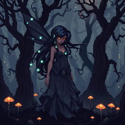 A striking 8-bit pixel art representation of a dark fairy without wings, set in a dark fantasy Dungeons & Dragons realm