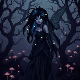 A striking 8-bit pixel art representation of a dark fairy without wings, set in a dark fantasy Dungeons & Dragons realm