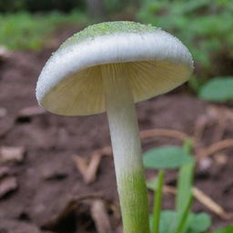 A detailed image of a white mushroom with grey stripes along its stem and a vibrant green cap.