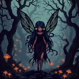 A striking 8-bit pixel art representation of a dark fairy without wings, set in a dark fantasy Dungeons & Dragons realm