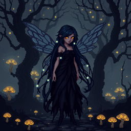 A striking 8-bit pixel art representation of a dark fairy without wings, set in a dark fantasy Dungeons & Dragons realm