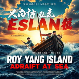 A movie poster for 'Roy Yang Island || Adrift At Sea' featuring dramatic typography and a survival theme