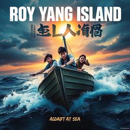 A movie poster for 'Roy Yang Island || Adrift At Sea' featuring dramatic typography and a survival theme