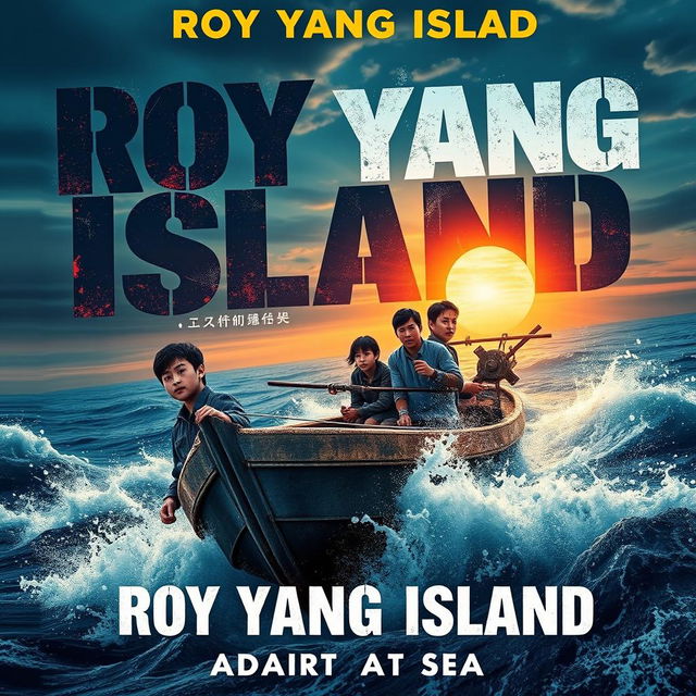 A movie poster for 'Roy Yang Island || Adrift At Sea' featuring dramatic typography and a survival theme