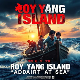 A movie poster for 'Roy Yang Island || Adrift At Sea' featuring dramatic typography and a survival theme