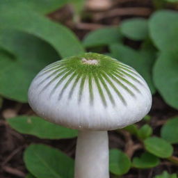 A detailed image of a white mushroom with grey stripes along its stem and a vibrant green cap.