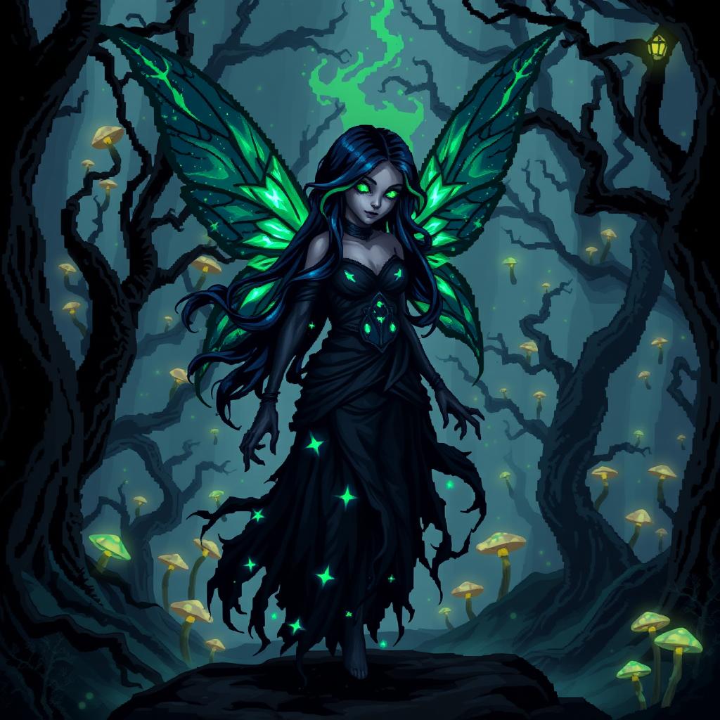 A striking 8-bit pixel art depiction of a dark fairy without wings, set in a dark fantasy Dungeons & Dragons universe