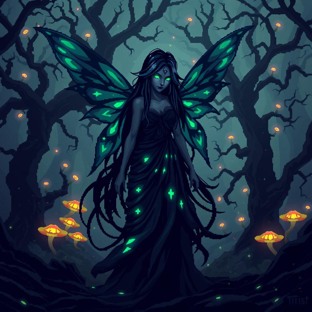 A striking 8-bit pixel art depiction of a dark fairy without wings, set in a dark fantasy Dungeons & Dragons universe