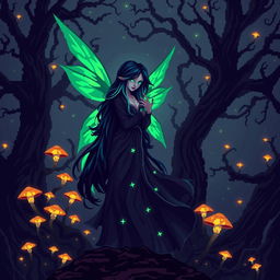 A striking 8-bit pixel art depiction of a dark fairy without wings, set in a dark fantasy Dungeons & Dragons universe