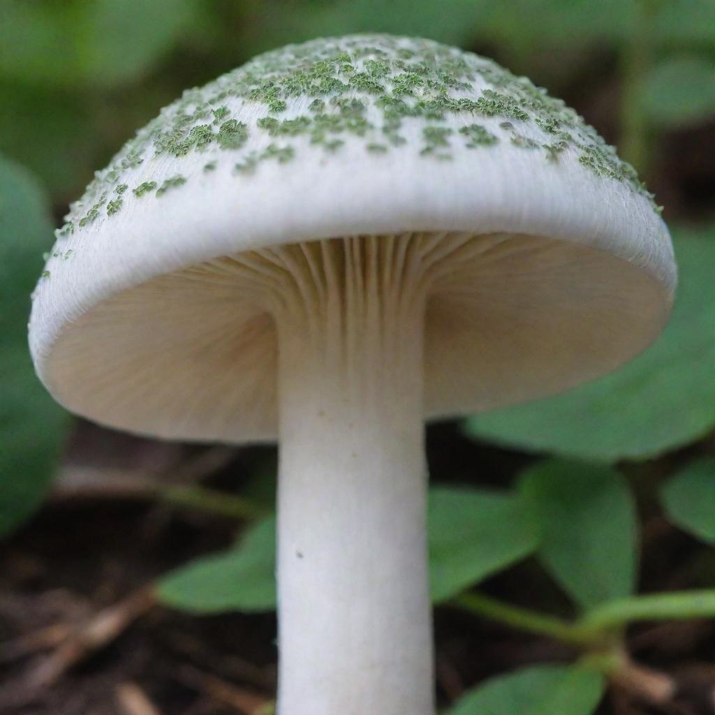 A detailed image of a white mushroom with grey stripes along its stem and a vibrant green cap.