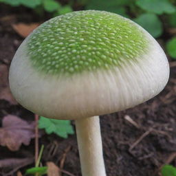 A detailed image of a white mushroom with grey stripes along its stem and a vibrant green cap.