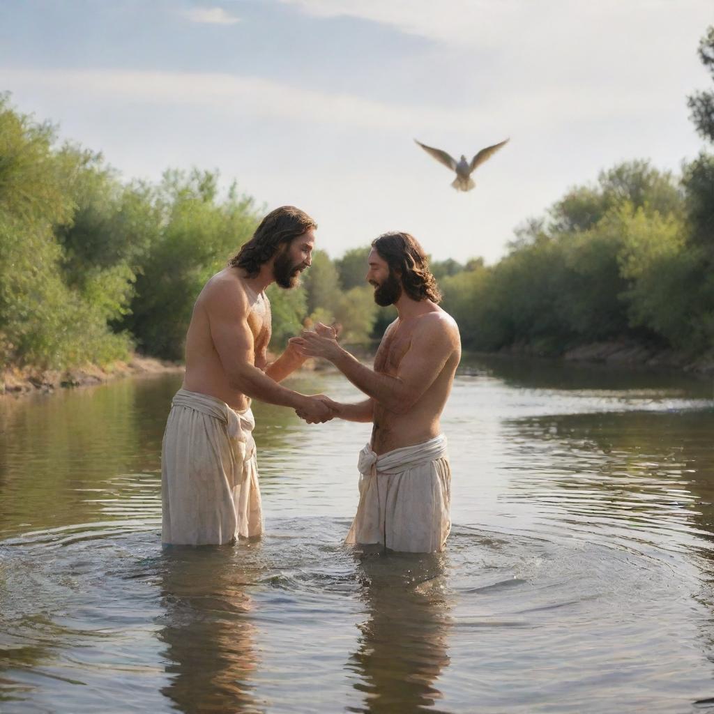 Portray the profound biblical moment of Jesus Christ being baptized by John the Baptist in the Jordan river. The spiritual atmosphere is heightened by the divine light from the sky and the holy spirit appearing as a dove.