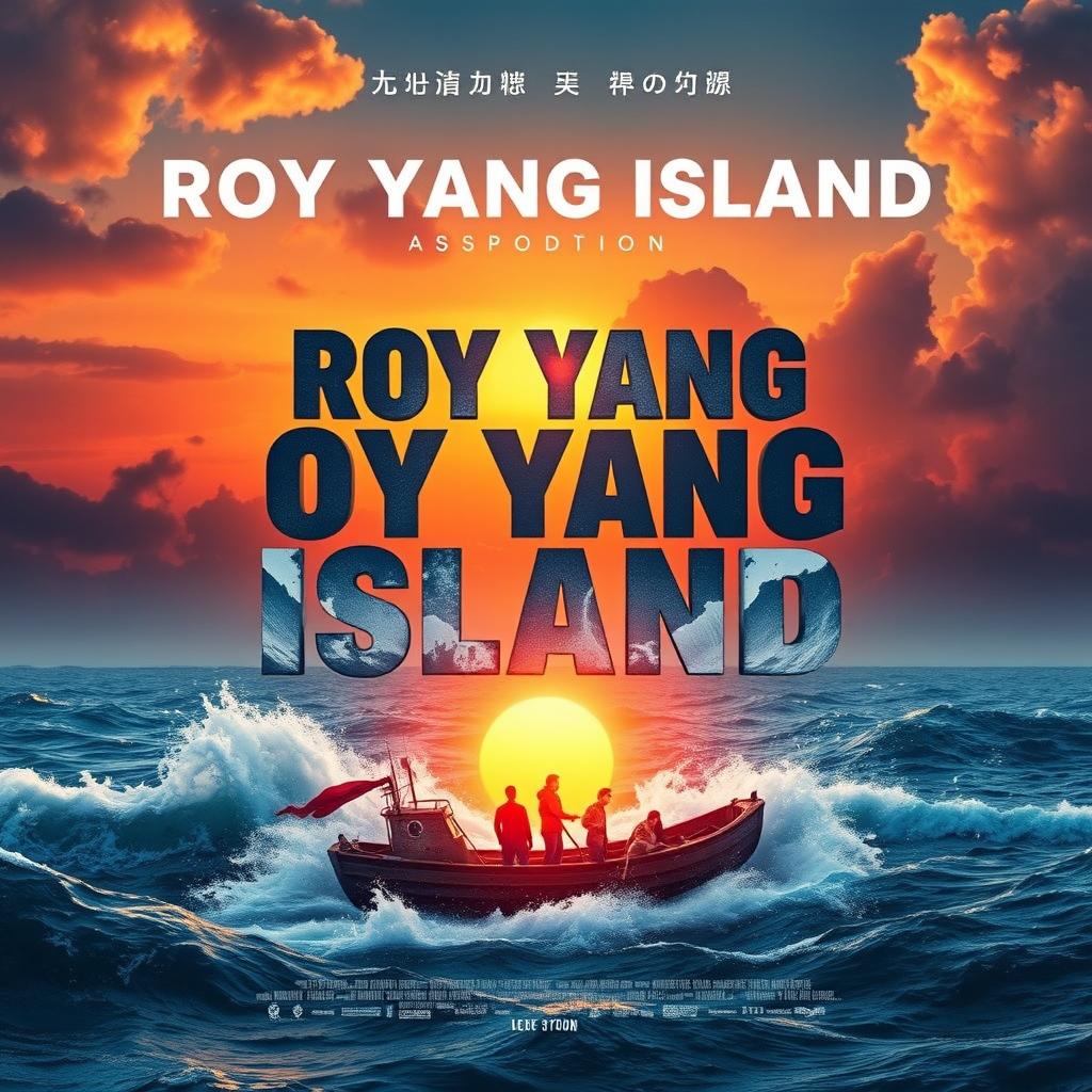 A movie poster for 'Roy Yang Island | Adrift At Sea' featuring only the title in dramatic typography