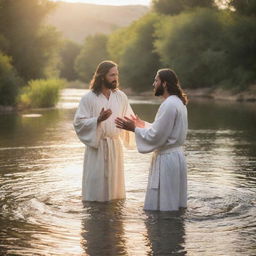 Portray the profound biblical moment of Jesus Christ being baptized by John the Baptist in the Jordan river. The spiritual atmosphere is heightened by the divine light from the sky and the holy spirit appearing as a dove.