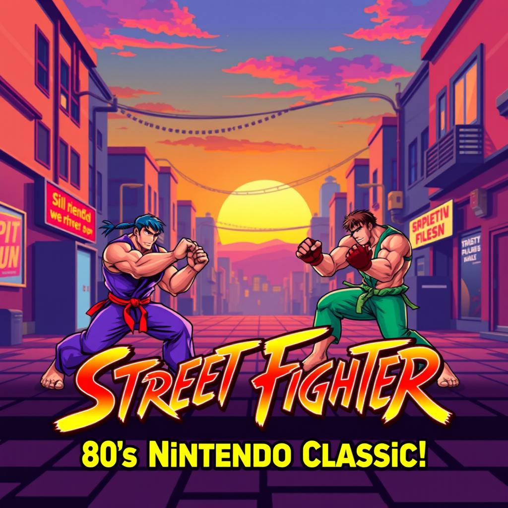 A vibrant YouTube thumbnail featuring a retro video game scene inspired by Street Fighter on the Nintendo from the 1980s