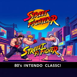 A vibrant YouTube thumbnail featuring a retro video game scene inspired by Street Fighter on the Nintendo from the 1980s