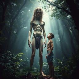 A surreal scene in a dense, enchanting forest where a tall, emaciated giant man with long, flowing hair and visible ribs and obliques stands imposing over a skinny young man in tattered cut-off shorts, who is shirtless and gazing up at the giant with a look of awe