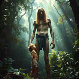 A surreal scene in a dense, enchanting forest where a tall, emaciated giant man with long, flowing hair and visible ribs and obliques stands imposing over a skinny young man in tattered cut-off shorts, who is shirtless and gazing up at the giant with a look of awe