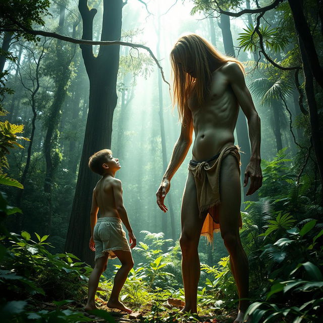A surreal scene in a dense, enchanting forest where a tall, emaciated giant man with long, flowing hair and visible ribs and obliques stands imposing over a skinny young man in tattered cut-off shorts, who is shirtless and gazing up at the giant with a look of awe