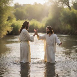 Portray the profound biblical moment of Jesus Christ being baptized by John the Baptist in the Jordan river. The spiritual atmosphere is heightened by the divine light from the sky and the holy spirit appearing as a dove.