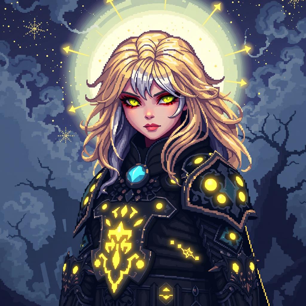 An intricate 8-bit pixel art depiction of an Aasimar character set in a dark fantasy Dungeons & Dragons universe