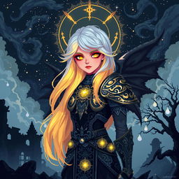 An intricate 8-bit pixel art depiction of an Aasimar character set in a dark fantasy Dungeons & Dragons universe