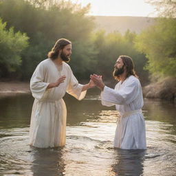 Portray the profound biblical moment of Jesus Christ being baptized by John the Baptist in the Jordan river. The spiritual atmosphere is heightened by the divine light from the sky and the holy spirit appearing as a dove.