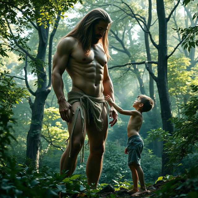 A surreal scene in a lush, enchanting forest where a handsome, emaciated giant man with long flowing hair, showing defined ribs and obliques, stands tall and imposing
