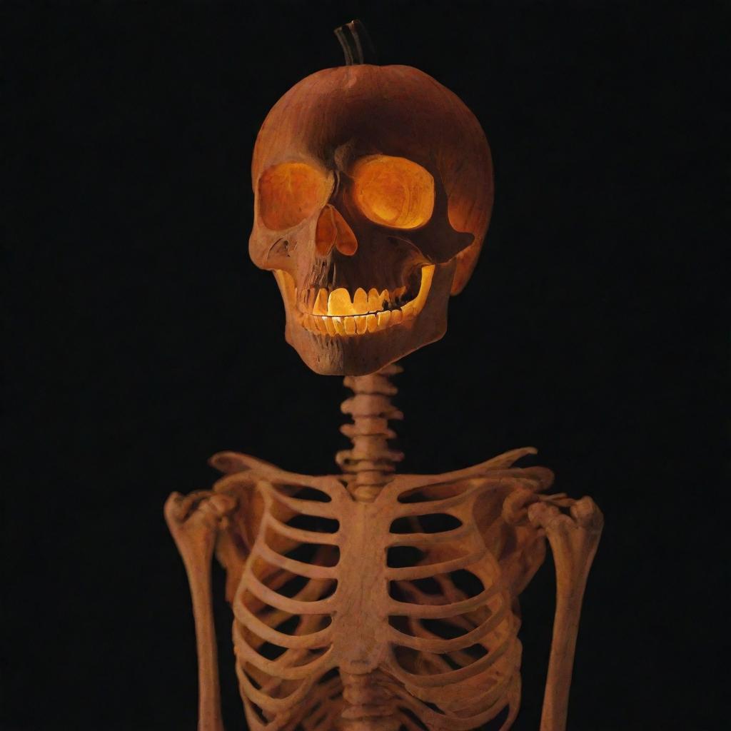 A whimsically eerie image of a skeleton using a carved pumpkin as its head, emitting a soft, glowing light from within.