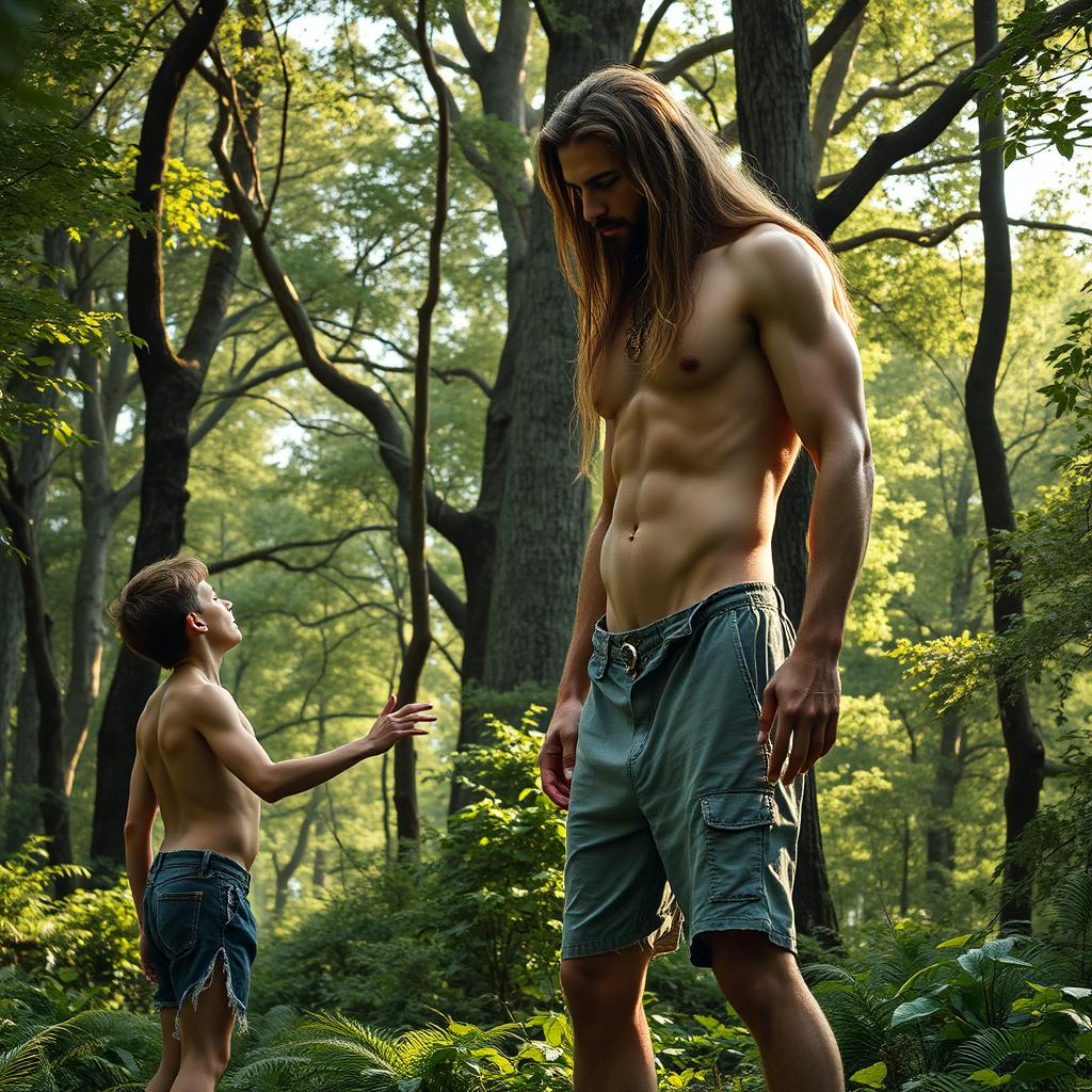 A surreal scene in a lush, enchanting forest where a handsome, emaciated giant man with long flowing hair, showing defined ribs and obliques, stands tall and imposing