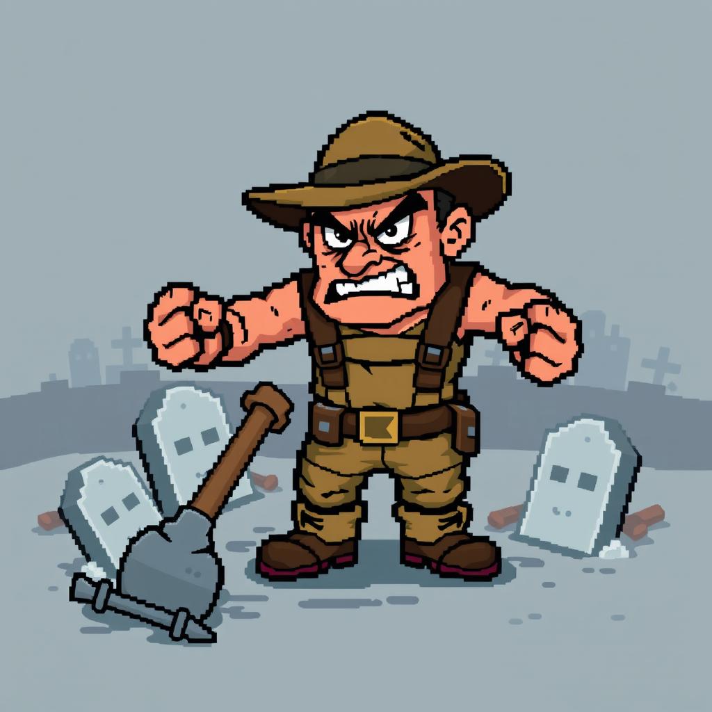 A pixel art representation of an angry gravedigger, designed in a low-resolution style reminiscent of 3rd generation video games