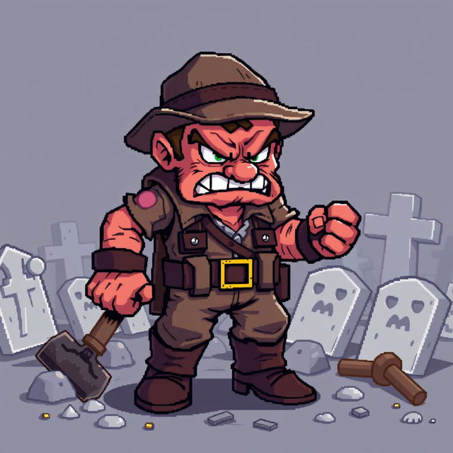 A pixel art representation of an angry gravedigger, designed in a low-resolution style reminiscent of 3rd generation video games