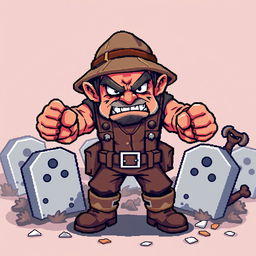 A pixel art representation of an angry gravedigger, designed in a low-resolution style reminiscent of 3rd generation video games