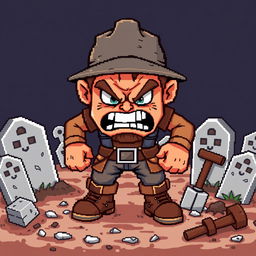 A pixel art representation of an angry gravedigger, designed in a low-resolution style reminiscent of 3rd generation video games