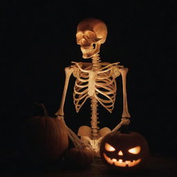 A whimsically eerie image of a skeleton using a carved pumpkin as its head, emitting a soft, glowing light from within.