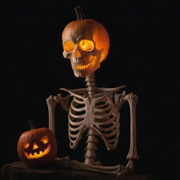 A whimsically eerie image of a skeleton using a carved pumpkin as its head, emitting a soft, glowing light from within.