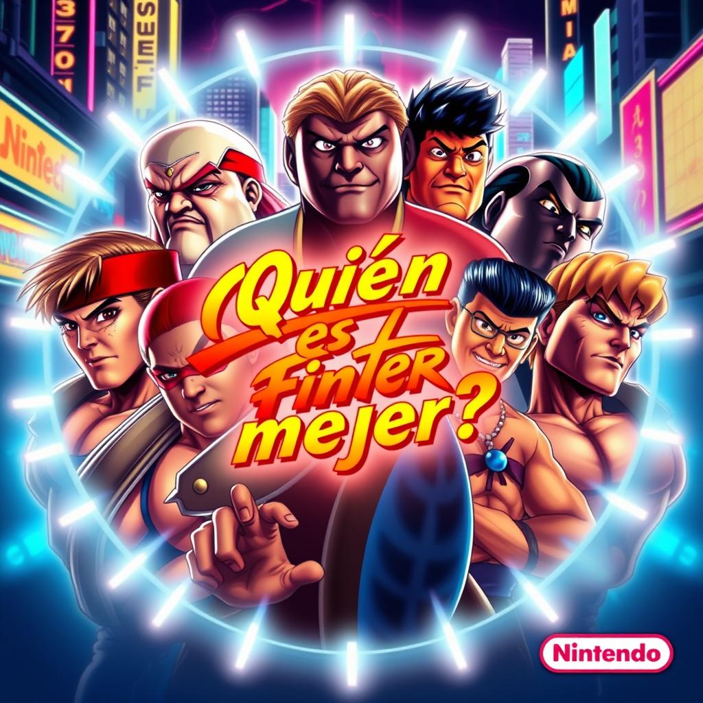 A vibrant YouTube thumbnail featuring characters from the classic 80s Street Fighter game for Nintendo