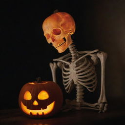 A whimsically eerie image of a skeleton using a carved pumpkin as its head, emitting a soft, glowing light from within.