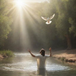 Illustration of the biblical event of Jesus Christ being baptized by John the Baptist in the Jordan river. The moment is depicted with a divine light and the Holy Spirit descending as a dove, signifying a moment of sanctification.