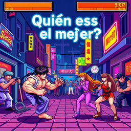 A retro video game scene inspired by the classic 1980s Nintendo game, featuring iconic characters from a fighting game