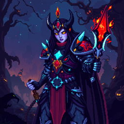 An Aasimar Bloodhunter character depicted in vibrant pixel art style, using a classic 8-bit aesthetic