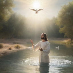 Illustration of the biblical event of Jesus Christ being baptized by John the Baptist in the Jordan river. The moment is depicted with a divine light and the Holy Spirit descending as a dove, signifying a moment of sanctification.