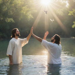 Illustration of the biblical event of Jesus Christ being baptized by John the Baptist in the Jordan river. The moment is depicted with a divine light and the Holy Spirit descending as a dove, signifying a moment of sanctification.