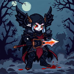 An Aasimar Bloodhunter character depicted in a charming pixel art style, rendered in a classic 8-bit aesthetic