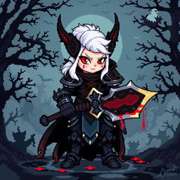 An Aasimar Bloodhunter character depicted in a charming pixel art style, rendered in a classic 8-bit aesthetic